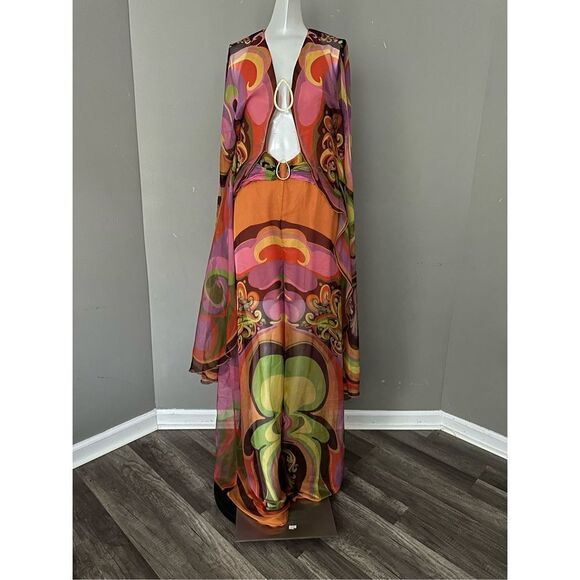 RAISA VANESSA PRINTED CHIFFON JUMPSUIT DEEP NECK AND GOLD BUCKLE - Picture 8 of 15